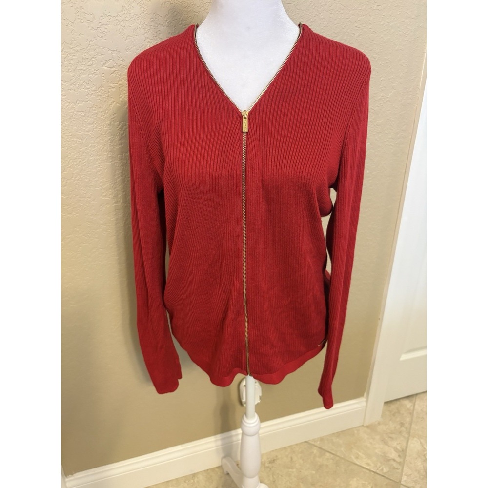 Calvin Klein Women's Red Ribbed Knit Full Zip Cardigan, Medium
